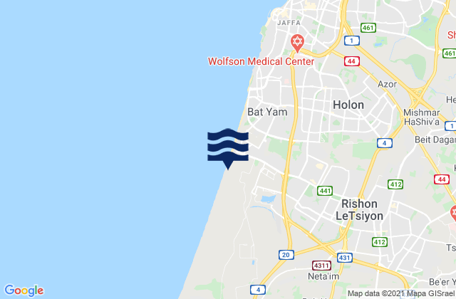 Mapa da tábua de marés em Rishon LeẔiyyon, Israel