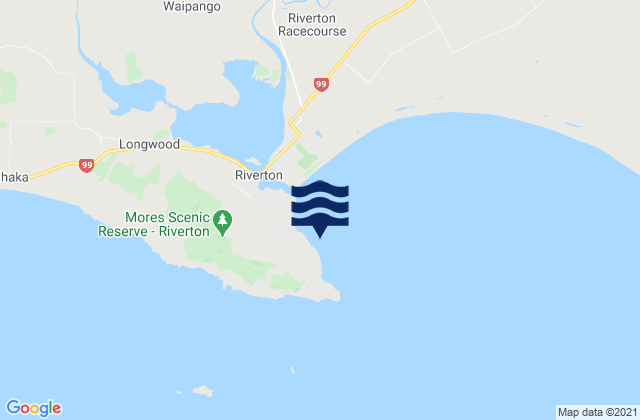 Mapa da tábua de marés em Riverton Rocks, New Zealand