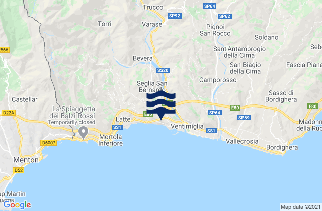 Mapa da tábua de marés em Rocchetta Nervina, Italy