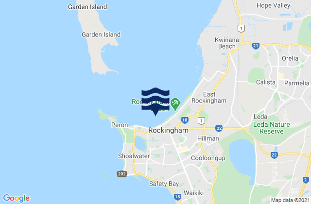 Mapa da tábua de marés em Rockingham Beach, Australia