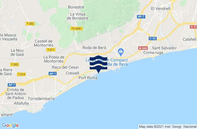 Mapa da tábua de marés em Roda de Barà, Spain