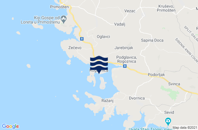 Mapa da tábua de marés em Rogiznica, Croatia