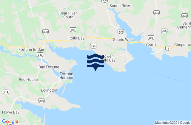 Mapa da tábua de marés em Rollo Bay, Canada