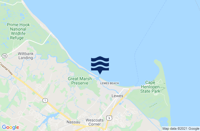 Mapa da tábua de marés em Roosevelt Inlet Bay, United States