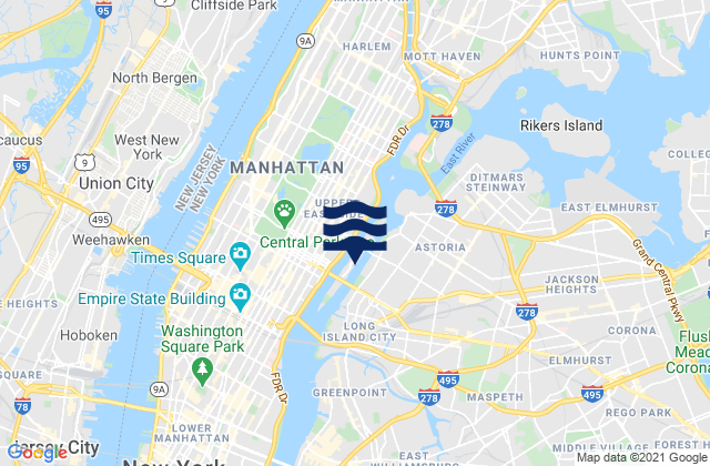Mapa da tábua de marés em Roosevelt Island, north end, East River, United States