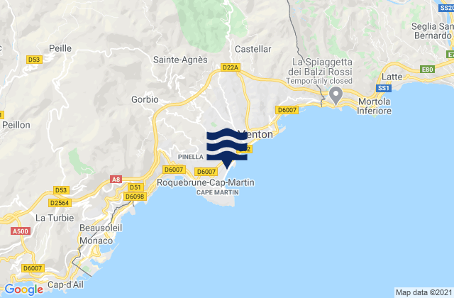 Mapa da tábua de marés em Roquebrune-Cap-Martin, France