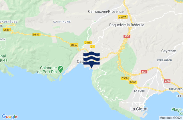Mapa da tábua de marés em Roquefort-la-Bédoule, France
