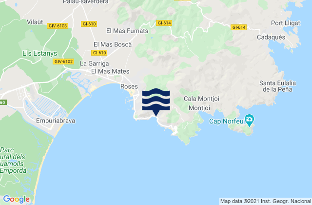 Mapa da tábua de marés em Rosas, Spain