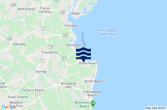Mapa da tábua de marés em Rose Haven, United States
