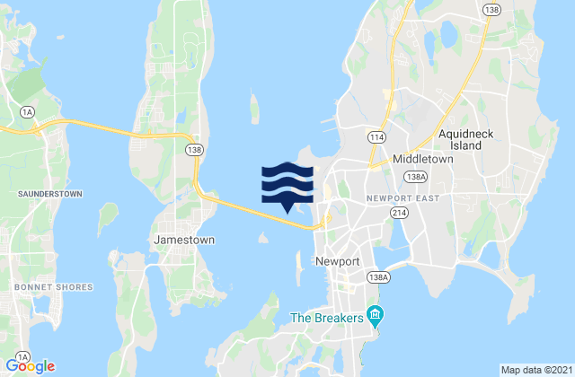 Mapa da tábua de marés em Rose Island northeast of, United States