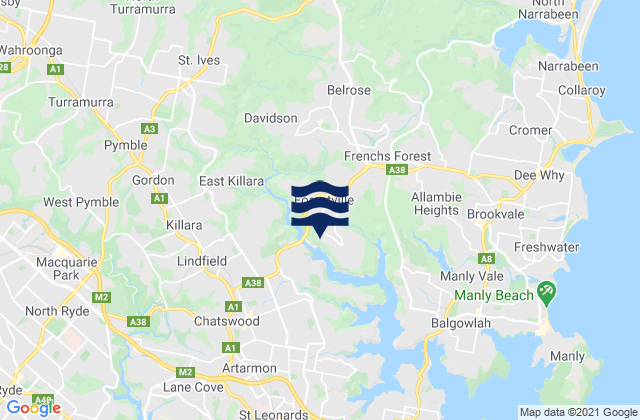 Mapa da tábua de marés em Roseville Chase, Australia