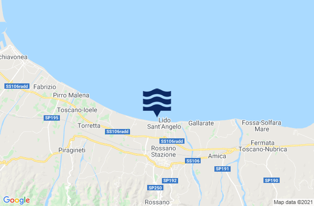 Mapa da tábua de marés em Rossano, Italy