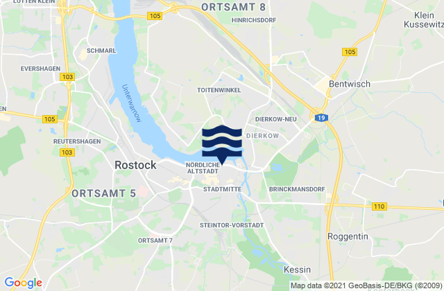 Mapa da tábua de marés em Rostock, Germany