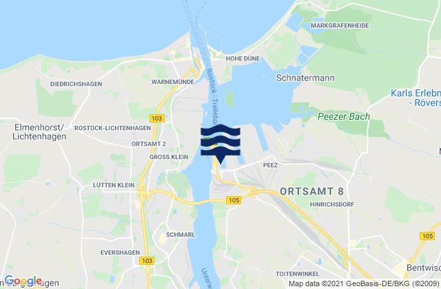 Mapa da tábua de marés em Rostock Port, Germany