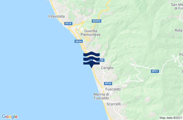 Mapa da tábua de marés em Rota Greca, Italy