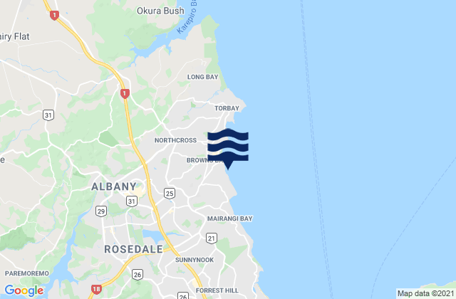 Mapa da tábua de marés em Rothesay Bay, New Zealand
