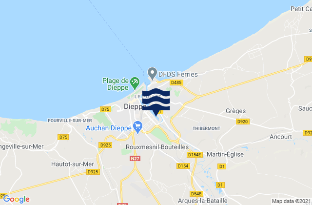 Mapa da tábua de marés em Rouxmesnil-Bouteilles, France
