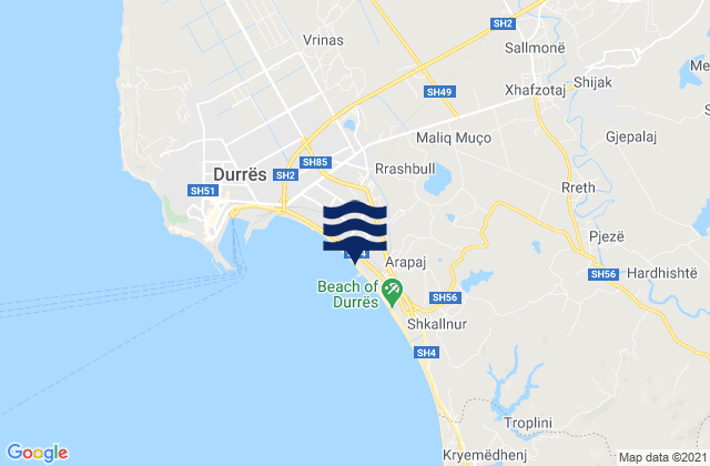 Mapa da tábua de marés em Rrashbull, Albania