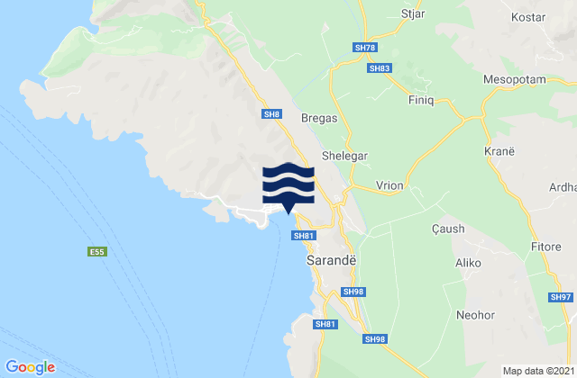 Mapa da tábua de marés em Rrethi i Delvinës, Albania