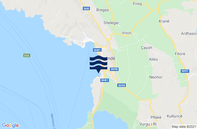 Mapa da tábua de marés em Rrethi i Sarandës, Albania