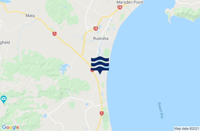 Mapa da tábua de marés em Ruakaka, New Zealand