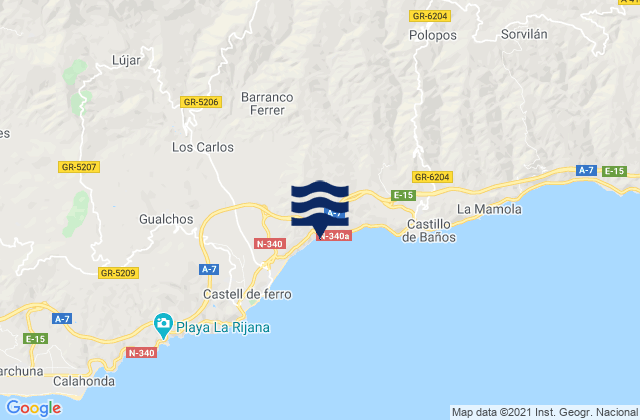 Mapa da tábua de marés em Rubite, Spain