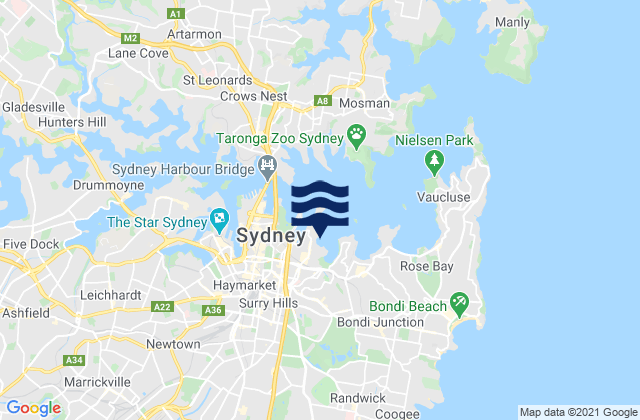 Mapa da tábua de marés em Rushcutters Bay, Australia