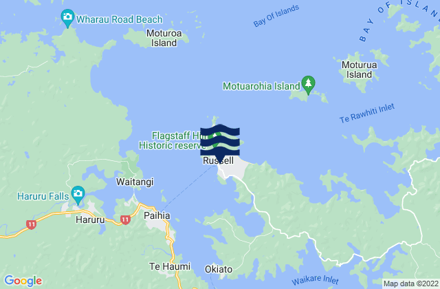 Mapa da tábua de marés em Russell, New Zealand