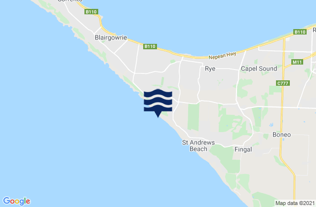 Mapa da tábua de marés em Rye Ocean Beach, Australia