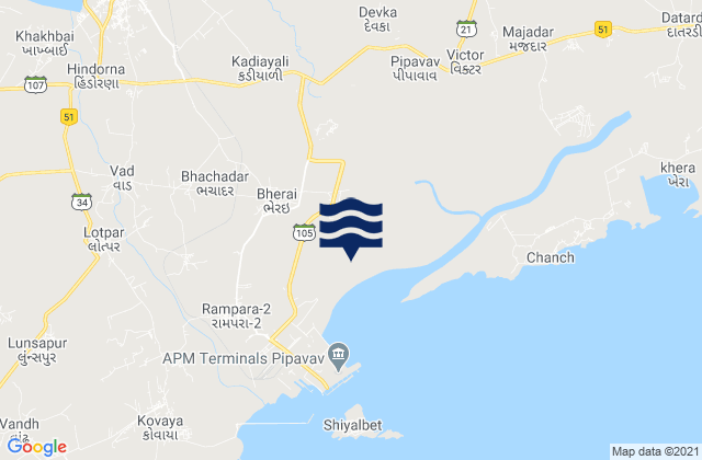 Mapa da tábua de marés em Rājula, India