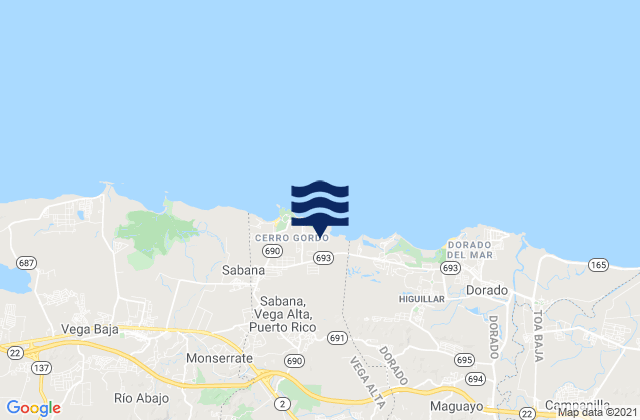 Mapa da tábua de marés em Sabana Barrio, Puerto Rico