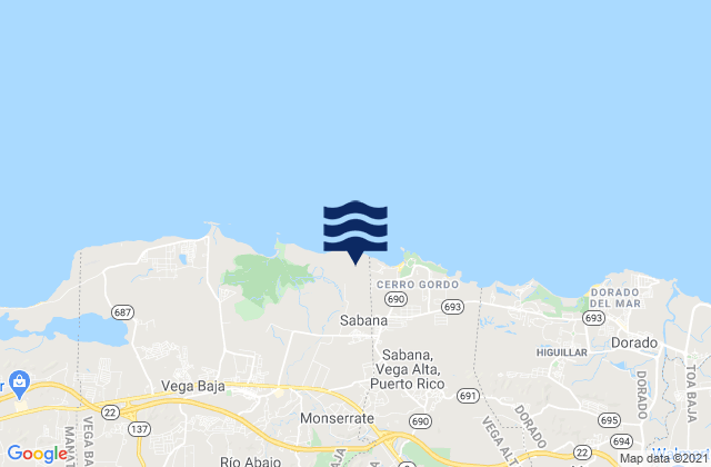 Mapa da tábua de marés em Sabana, Puerto Rico