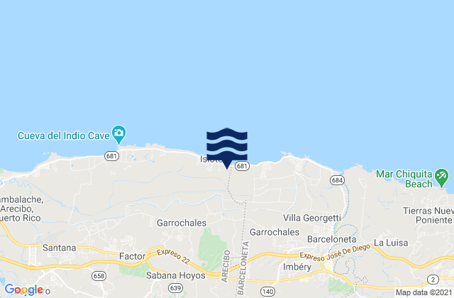 Mapa da tábua de marés em Sabana Hoyos Barrio, Puerto Rico