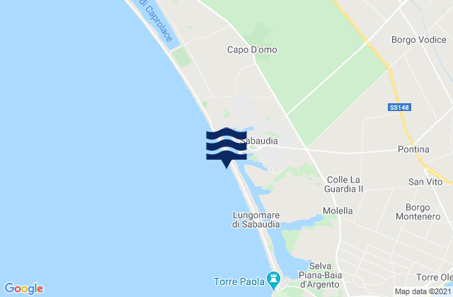 Mapa da tábua de marés em Sabaudia, Italy