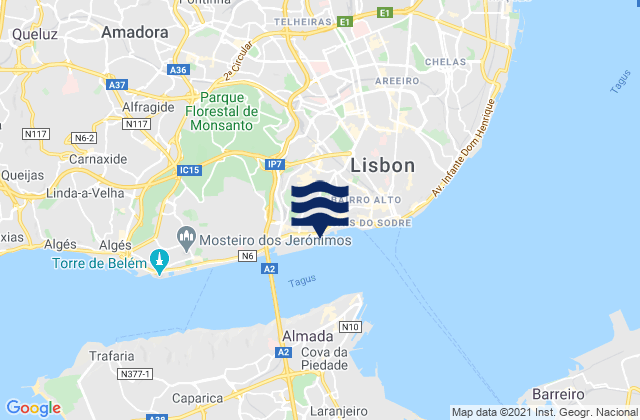 Mapa da tábua de marés em Sacor, Portugal