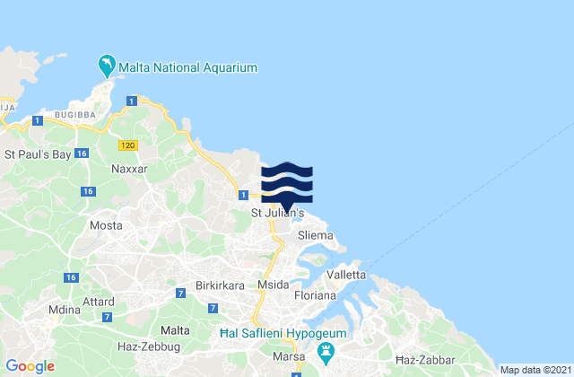 Mapa da tábua de marés em Saint John, Malta
