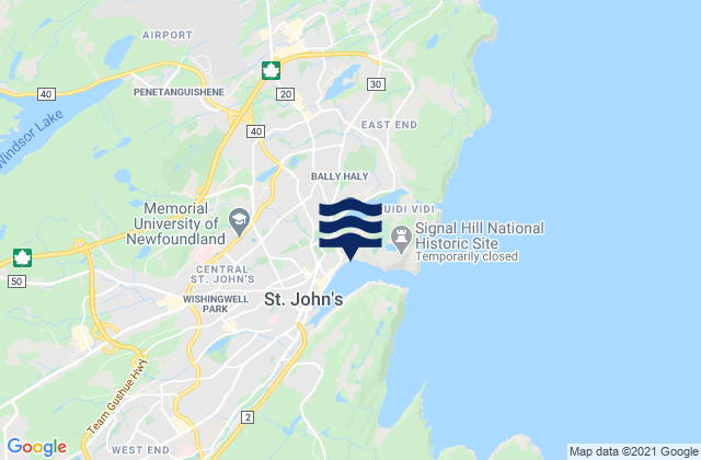 Mapa da tábua de marés em Saint John's Harbour, Canada
