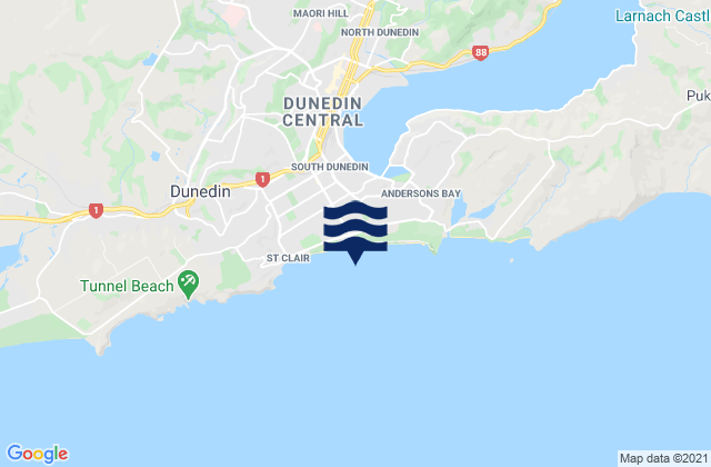 Mapa da tábua de marés em Saint Kilda Beach, New Zealand