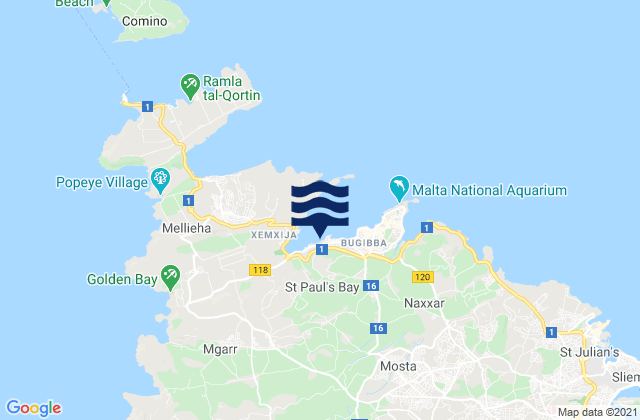 Mapa da tábua de marés em Saint Paul’s Bay, Malta