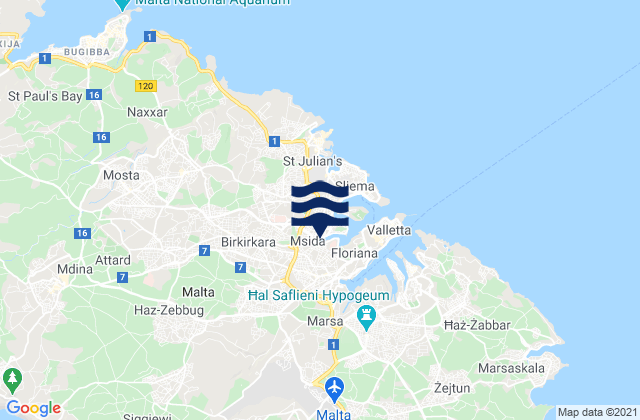 Mapa da tábua de marés em Saint Venera, Malta