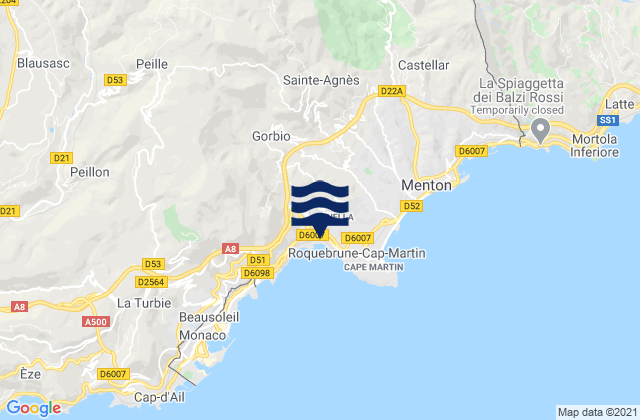 Mapa da tábua de marés em Sainte-Agnès, France