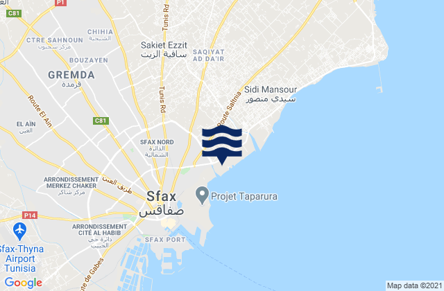 Mapa da tábua de marés em Sakiet Ezzit, Tunisia