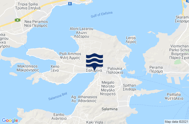 Mapa da tábua de marés em Salamína, Greece