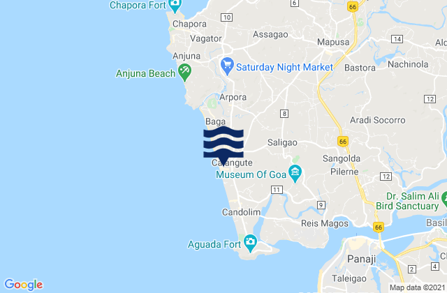 Mapa da tábua de marés em Saligao, India