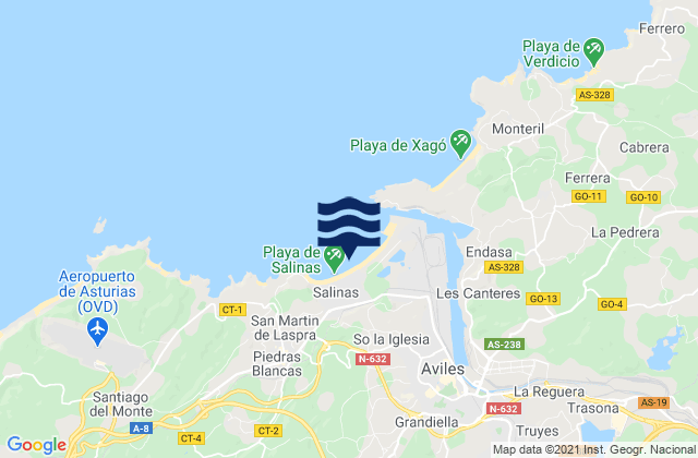 Mapa da tábua de marés em Salinas y Espartal, Spain