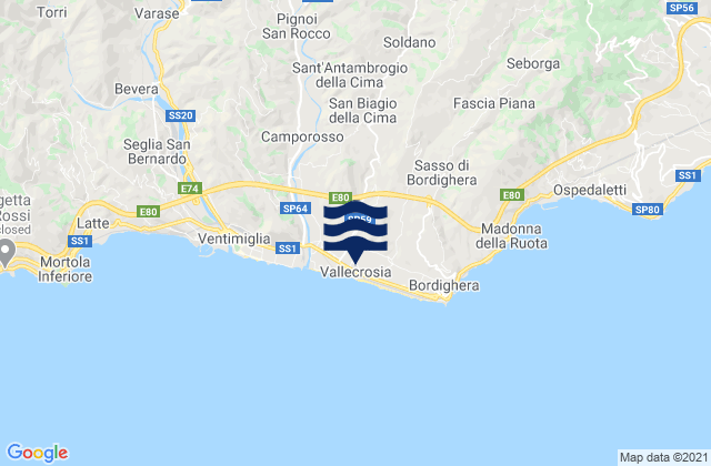 Mapa da tábua de marés em San Biagio della Cima, Italy