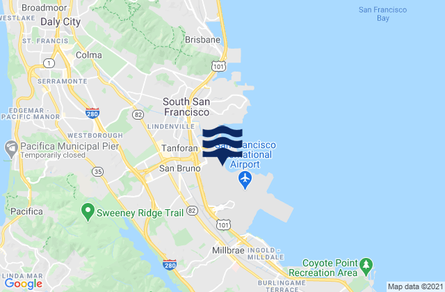 Mapa da tábua de marés em San Bruno, United States