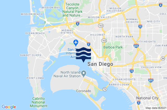 Mapa da tábua de marés em San Diego 0.5 mile west of, United States