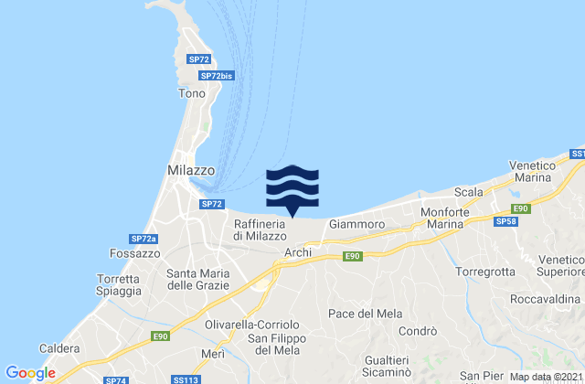 Mapa da tábua de marés em San Filippo del Mela, Italy