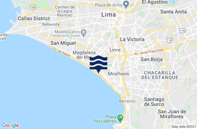 Mapa da tábua de marés em San Isidro, Peru